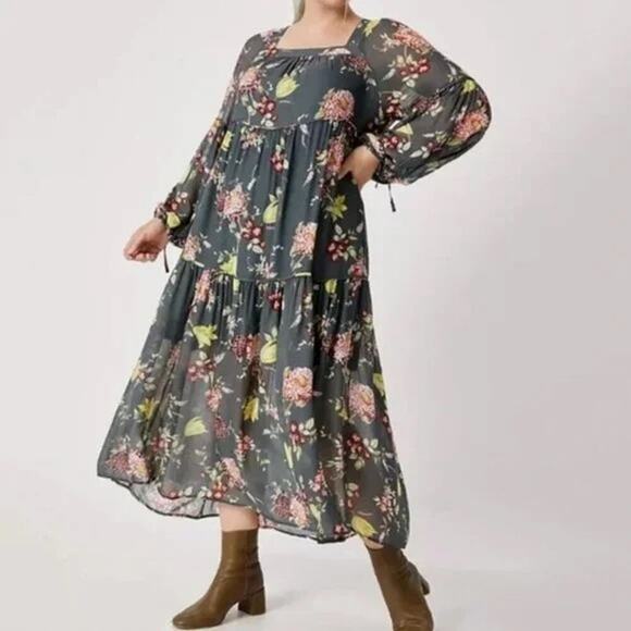 Anthropologie Gray Evelin Floral Tiered Maxi Dress Medium Sheer Long Sleeve - Picture 1 of 7